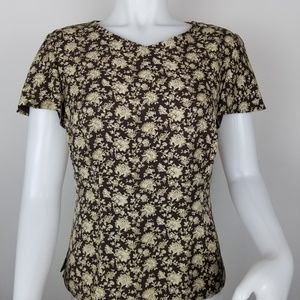 Talbots Pure Silk Blouse Brown W/Cream Flowers 6